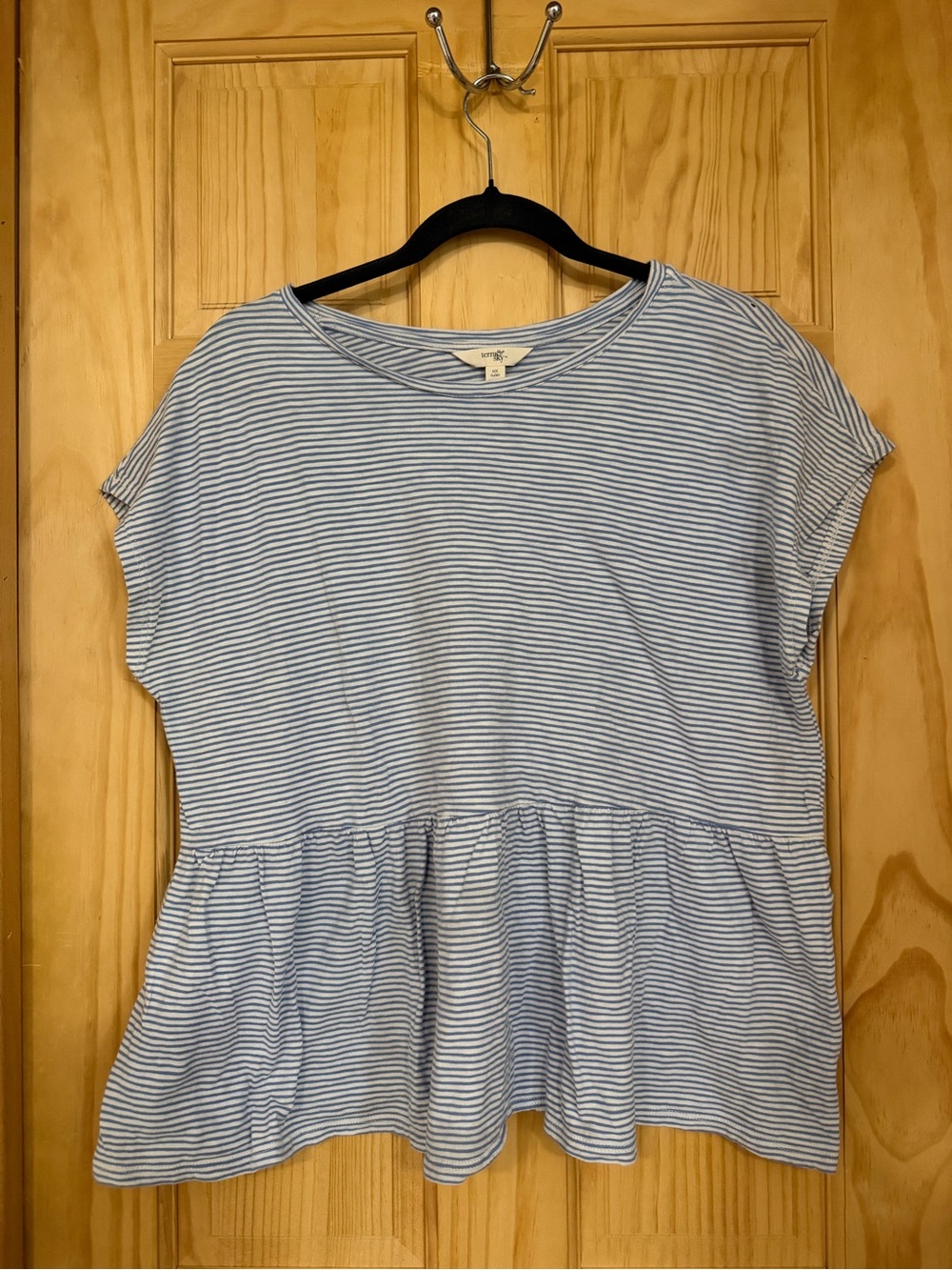 Short Sleeve Blue & White Striped Peplum Top